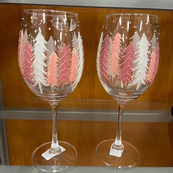 T.J.Maxx Other - PINK Christmas Tree Handpainted Viral Wine glasses Set of 2 NEW HTF